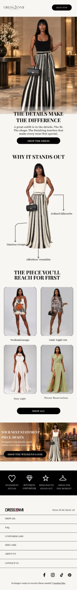 Fashion email campaign highlighting product details with annotated imagery and product recommendations