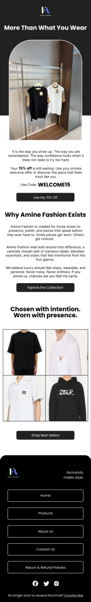 Anime Fashion welcome email with WELCOME15 code, brand story, and best sellers product grid