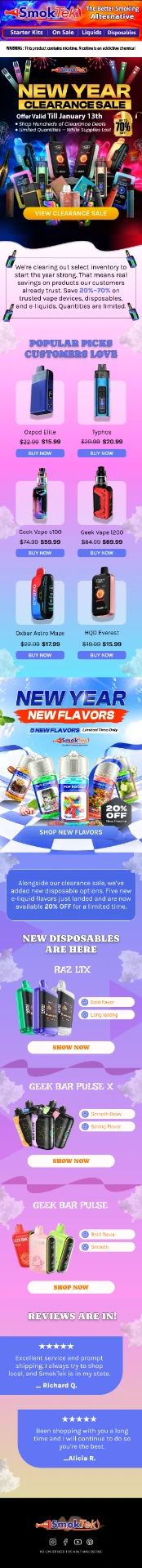 SmokTek New Year clearance email with sale hero, popular picks product grid, new flavors, and customer reviews