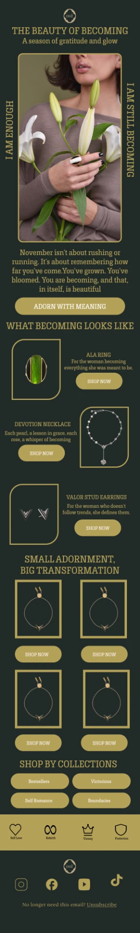 Dark green and gold seasonal email campaign for a jewelry brand featuring product collections and shop by collection links