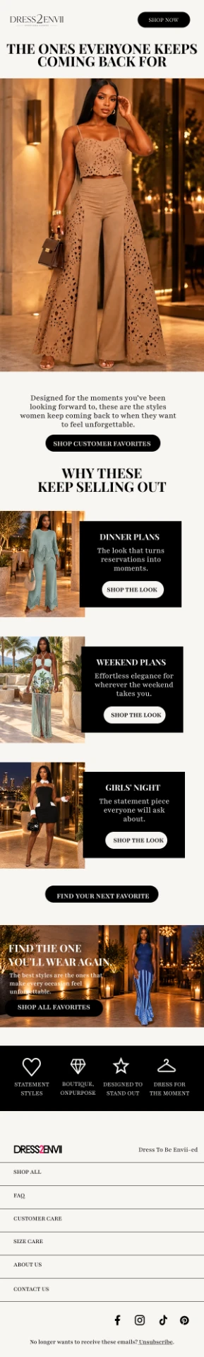 Fashion email campaign featuring customer favorite styles with alternating image and text rows