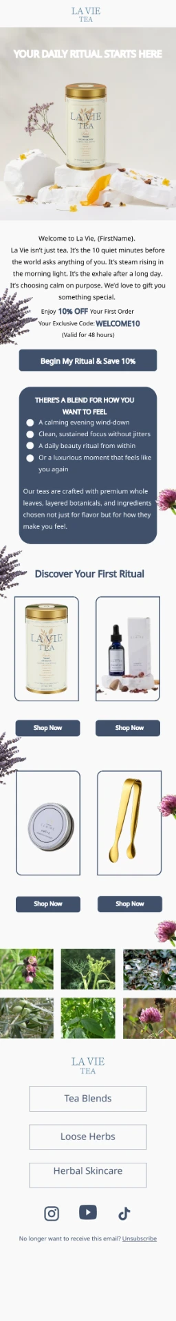 La Vie Tea welcome email with WELCOME10 code, blend benefits list, and starter product grid