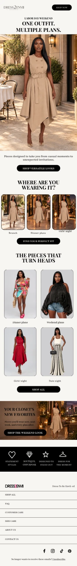 Labor Day weekend fashion email campaign with hero image, occasion thumbnails, and product grid