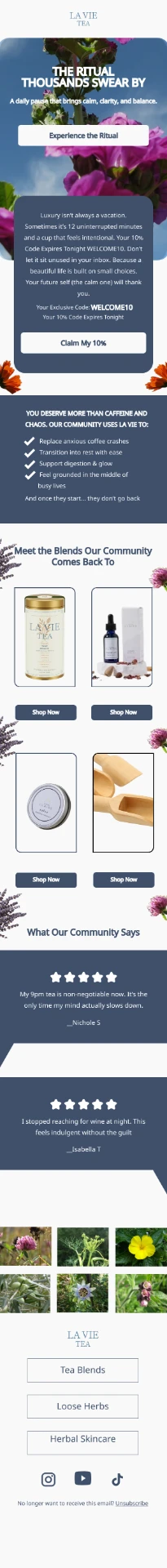 La Vie Tea email with ritual headline, welcome code, product grid, and community testimonials