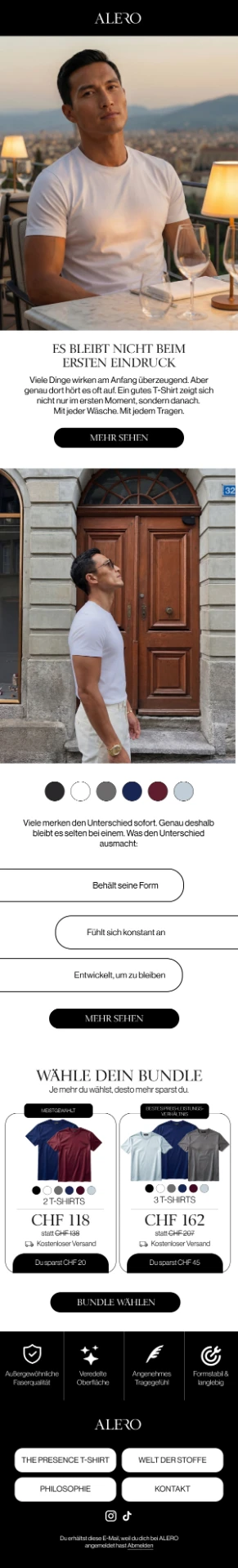 ALERO email with lifestyle imagery, color swatches, and two bundle pricing cards in Swiss francs