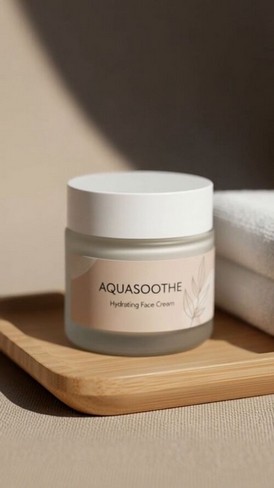 AquaSoothe cream jar hero shot on a bamboo tray in warm light