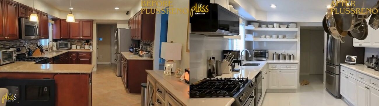 Pluss Renovation kitchen shown before and after from the same camera position