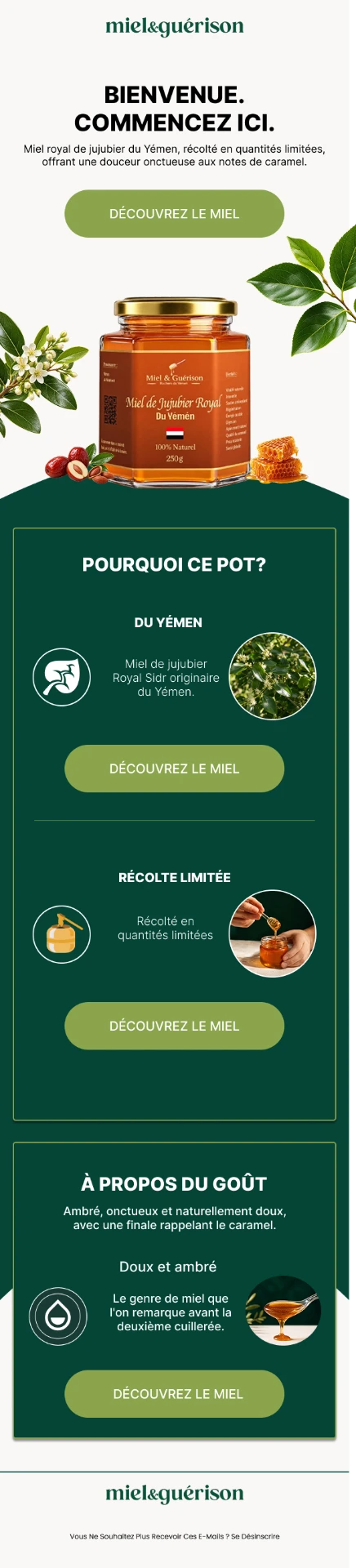 French welcome email design for a premium Yemeni honey brand with product highlights and call to action buttons