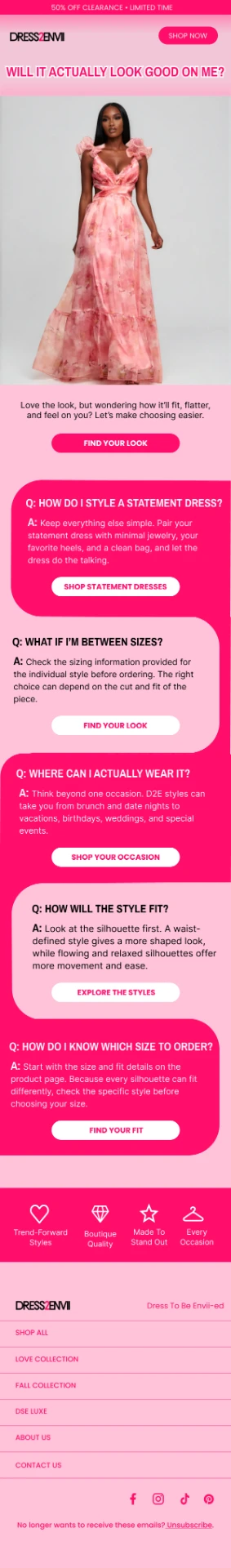 Pink clearance sale email campaign with question and answer fit guide sections