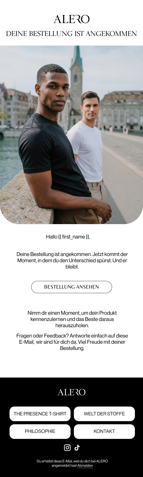 German order delivered email for ALERO menswear with lifestyle hero image and view order button