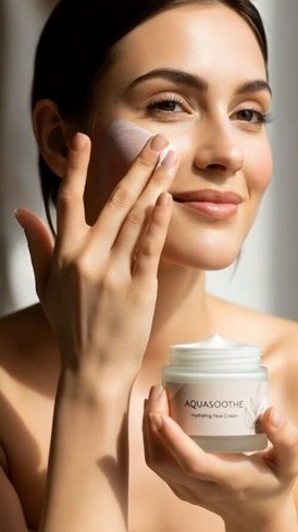 Model applying AquaSoothe cream while holding the product jar