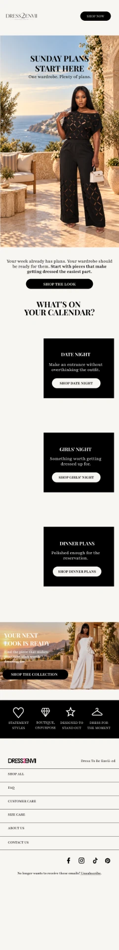 Fashion email campaign with hero lifestyle image, occasion based shopping sections, and footer navigation