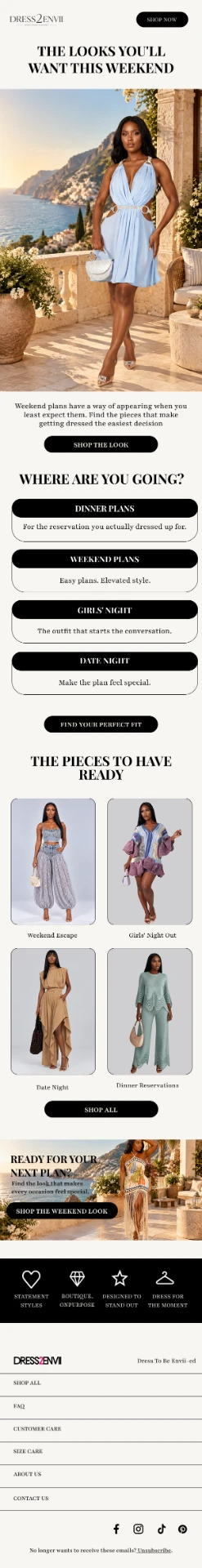 Fashion email campaign with weekend lookbook hero, occasion buttons, and a four product grid